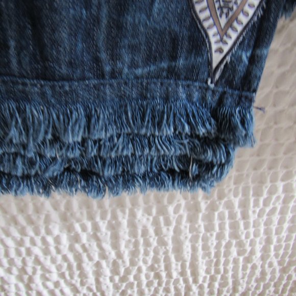 Long Denim Embordered Jacket Duster M Khaki White Stitching Lightweight Pockets - Picture 6 of 14